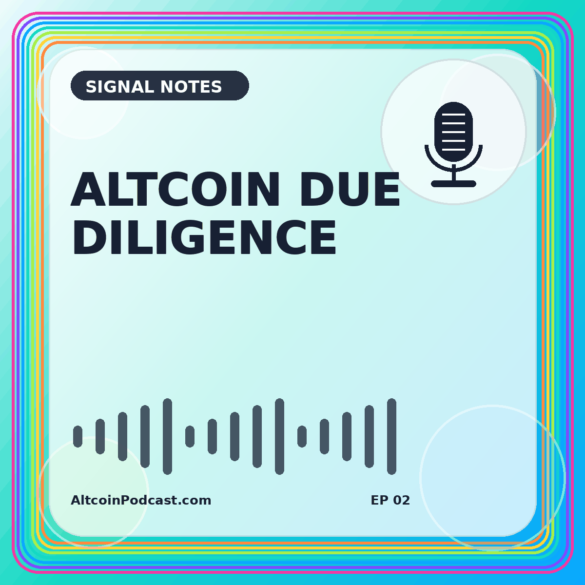Neon research checklist card for altcoin due diligence with magnifying glass graphics