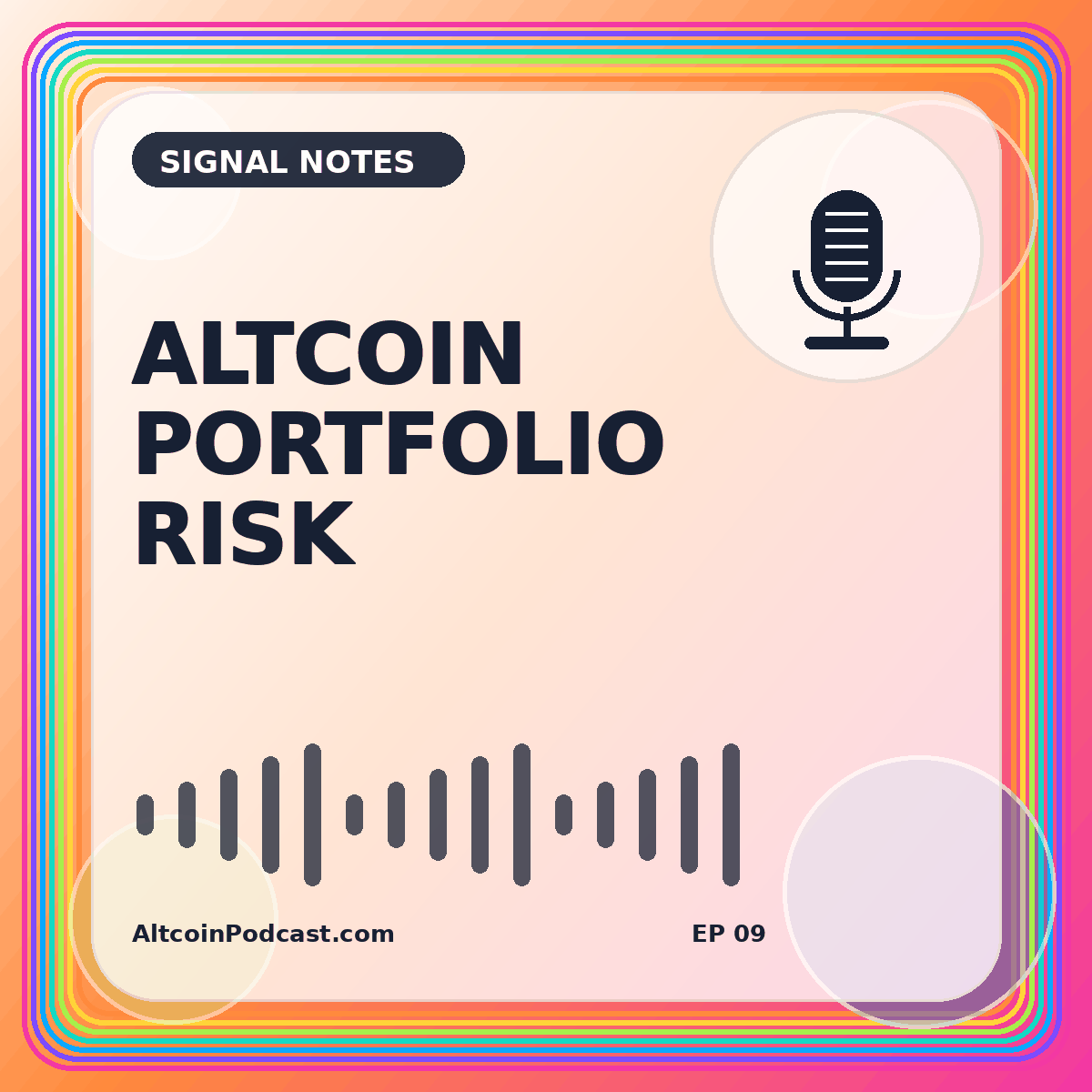 Neon portfolio risk card with position-size blocks, correlation lines, and rebalancing arrows