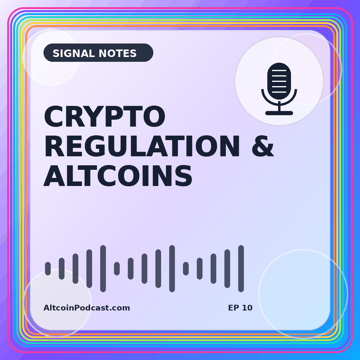 Neon crypto regulation card with a globe, document, scales, and microphone