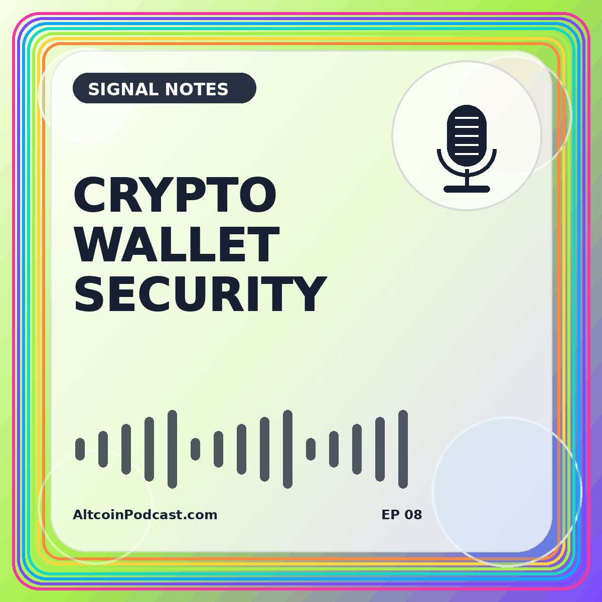 Neon wallet security card with a shield, key, coin, and microphone graphics