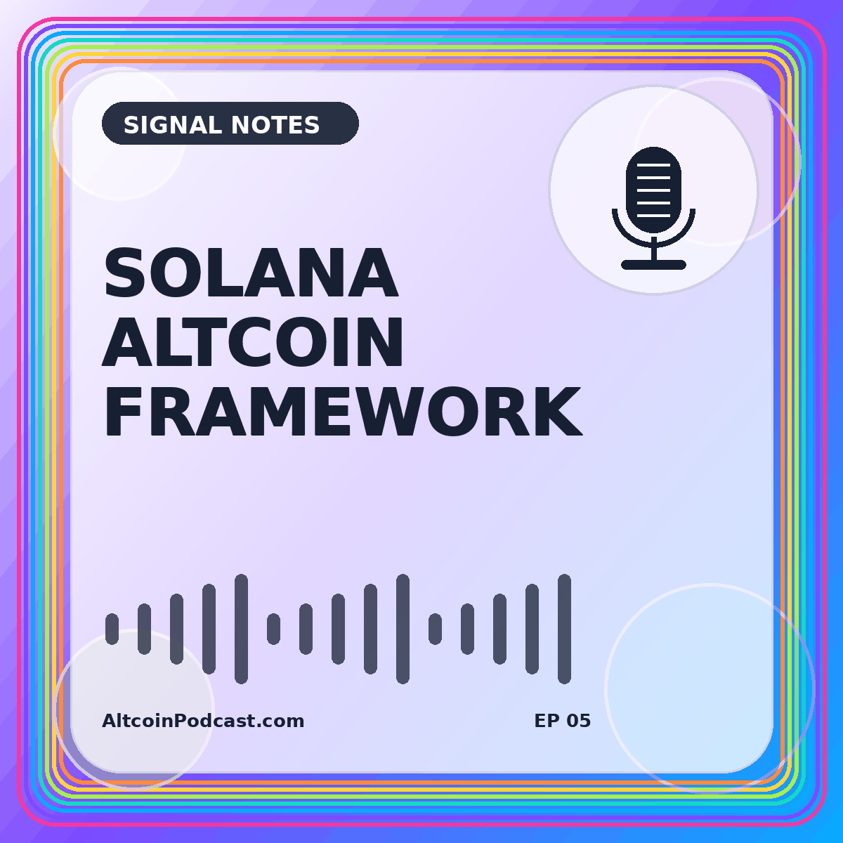 Bright Solana ecosystem research card with neon token rings and checklist lines
