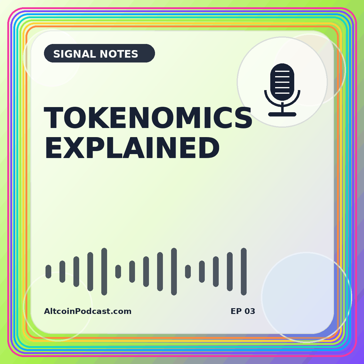 Colorful tokenomics card showing supply rings, unlock calendar blocks, and a microphone