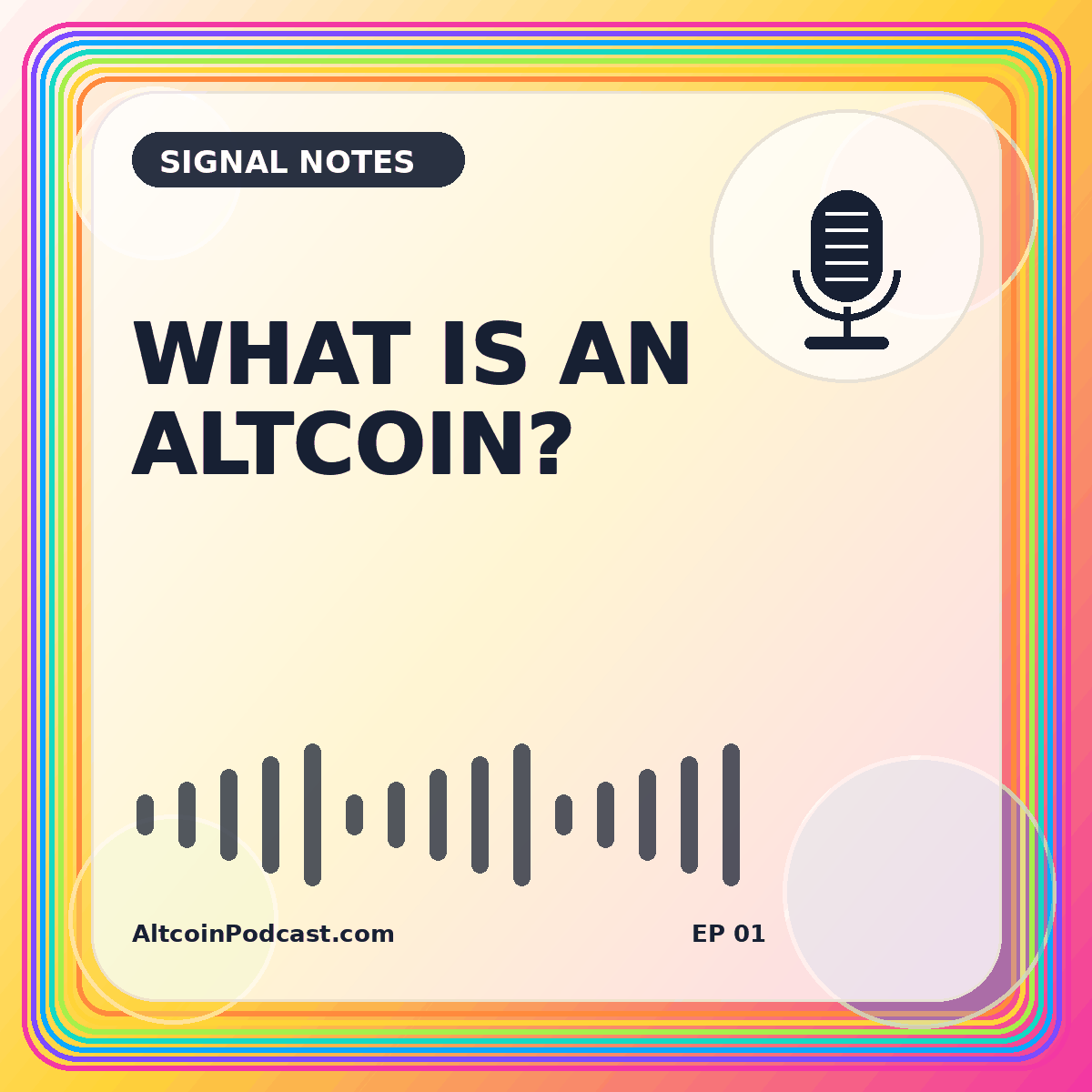 Bright neon typography card reading What Is an Altcoin with a microphone and coin motif
